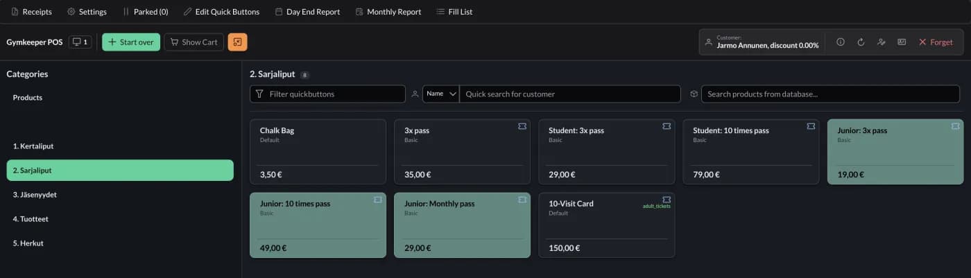 The point of sale: product categories down the left, and the passes of the selected category as priced quick buttons, with the customer already attached to the sale.