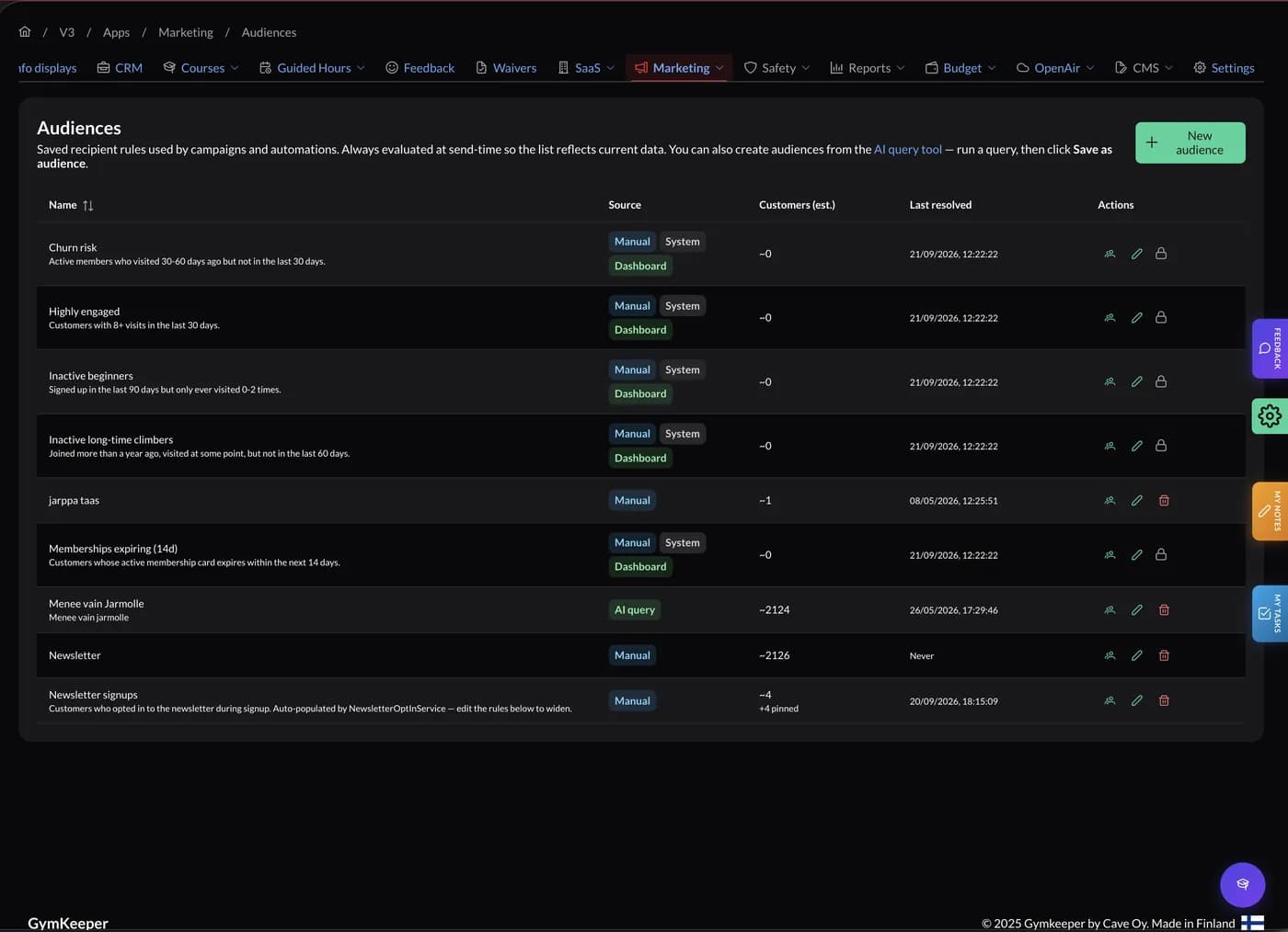 The audiences screen: saved rules such as churn risk, highly engaged and memberships expiring, each with an estimated size and when it was last resolved.