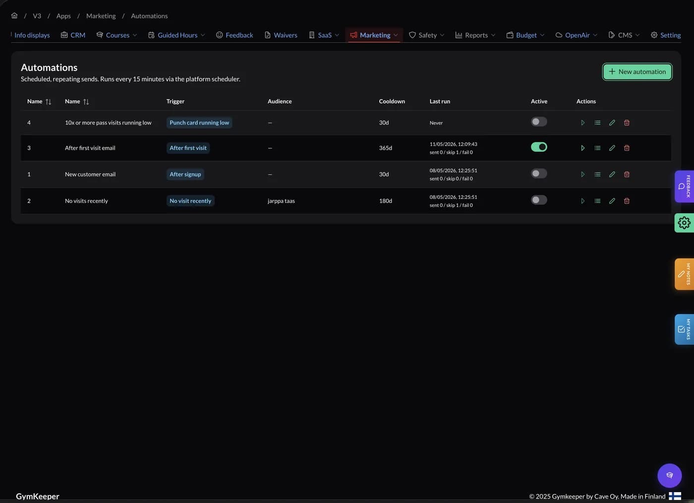 The automations screen: repeating sends with their trigger, audience, cooldown and last run.