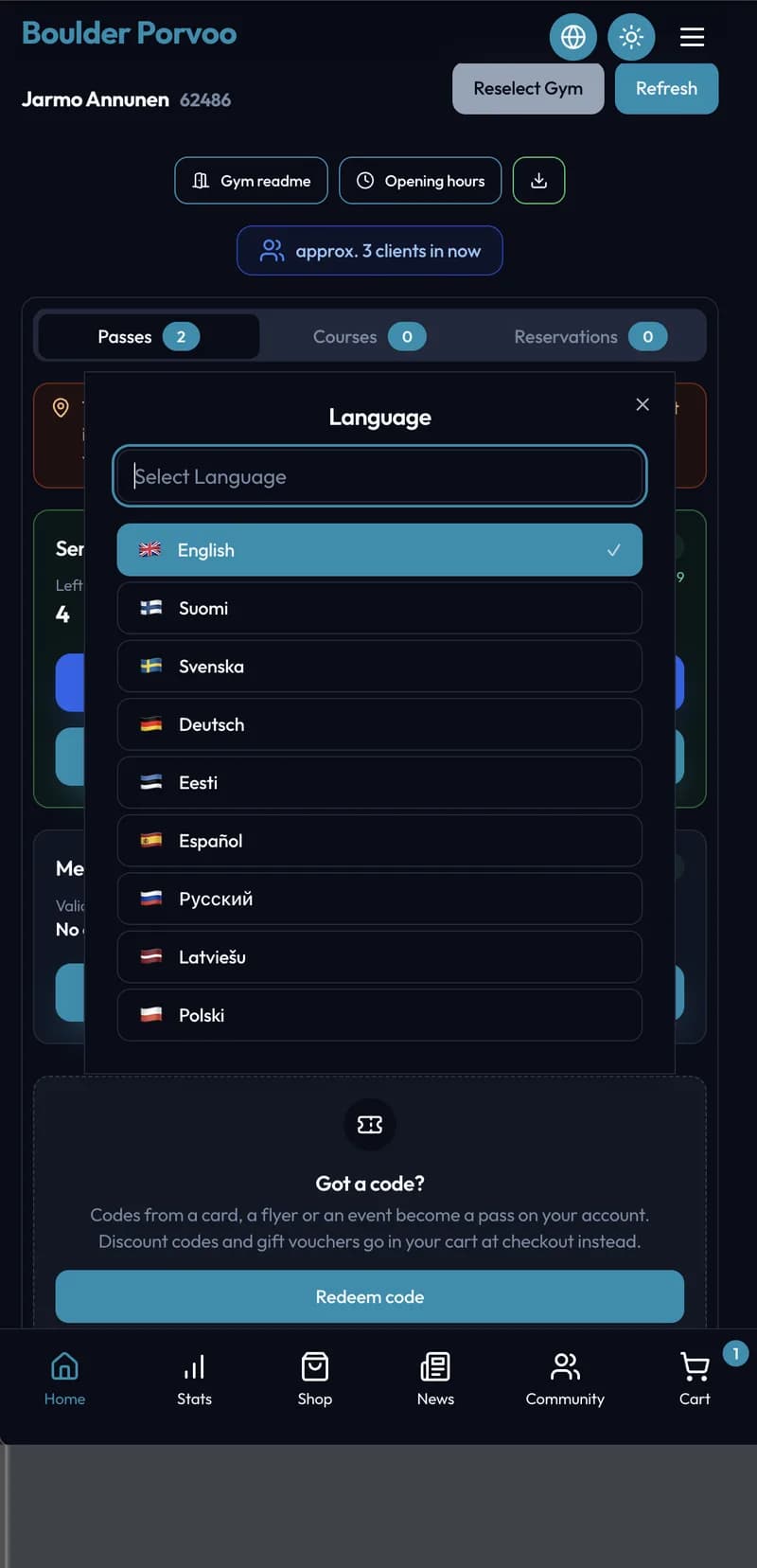 The language picker: English, Finnish, Swedish, German, Estonian, Spanish, Russian, Latvian and Polish.