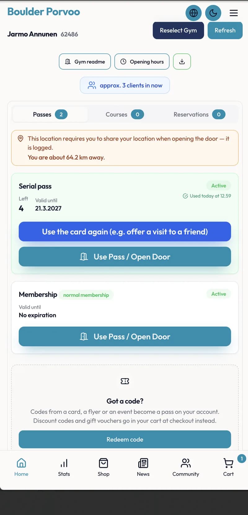 The same home screen in the light theme, in the gym's own colours.